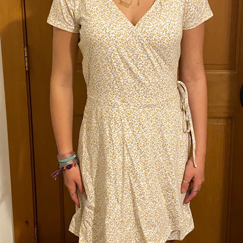 yellow floral wrap dress